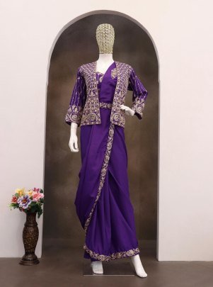 Sequins  Work Purple Colour Ready To Wear Saree