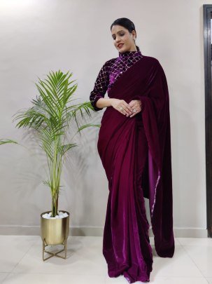Sequins Work Wine Colour Ready To Wear Saree