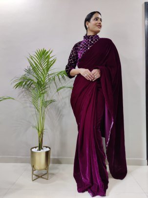 Sequins Work Wine Colour Ready To Wear Saree