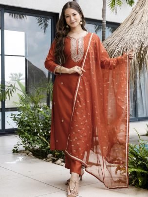 Silk Fabric Base Rust Orange Colour Ready Made Suit 