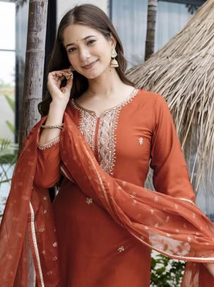 Silk Fabric Base Rust Orange Colour Ready Made Suit