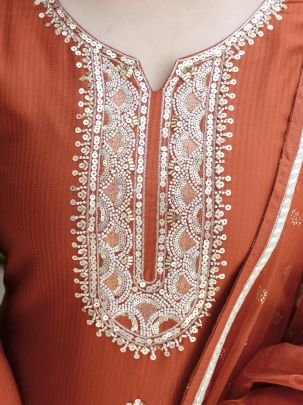 Silk Fabric Base Rust Orange Colour Ready Made Suit