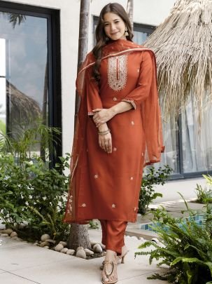 Silk Fabric Base Rust Orange Colour Ready Made Suit