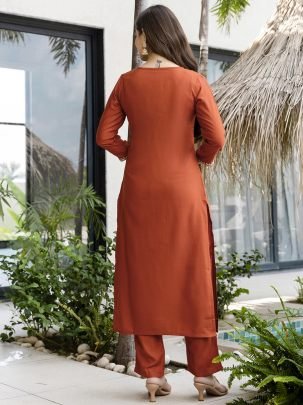 Silk Fabric Base Rust Orange Colour Ready Made Suit