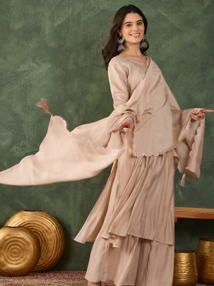 Silk Fabric  Beige Colour Kurti Pant With Dupatta