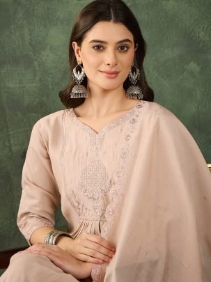 Silk Fabric  Beige Colour Kurti Pant With Dupatta