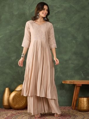 Silk Fabric  Beige Colour Kurti Pant With Dupatta