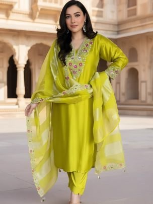 Silk Fabric Lime Colour  Kurti  3 Pcs Set