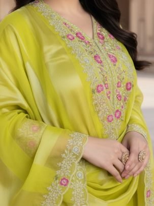 Silk Fabric Lime Colour  Kurti  3 Pcs Set