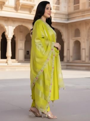 Silk Fabric Lime Colour  Kurti  3 Pcs Set