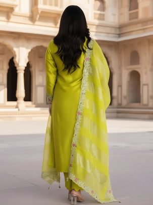 Silk Fabric Lime Colour  Kurti  3 Pcs Set