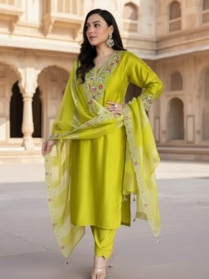 Silk Fabric Lime Colour  Kurti  3 Pcs Set