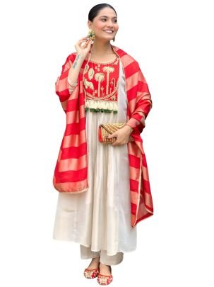Silk Fabric Red Colour Kurti 3 Pcs Set