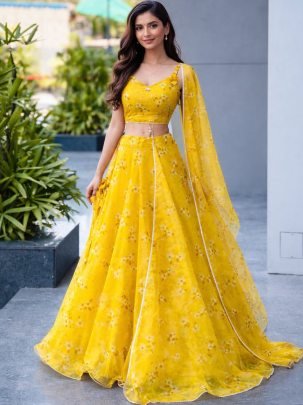 Silk Organza Yellow Colour  Lehenga Choli