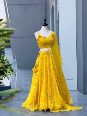 Silk Organza Yellow Colour  Lehenga Choli
