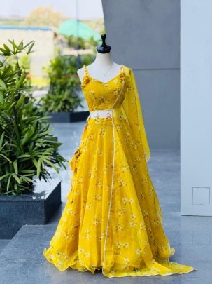 Silk Organza Yellow Colour  Lehenga Choli