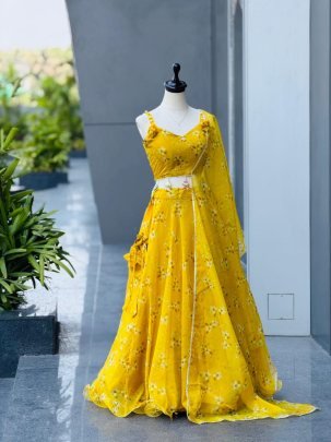 Silk Organza Yellow Colour  Lehenga Choli