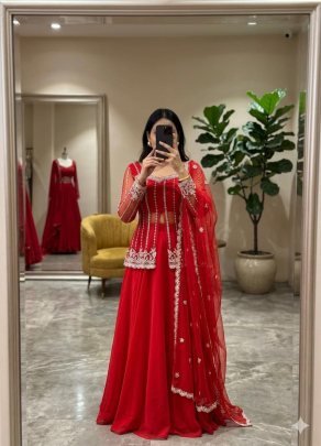 Silk Satin Fabric Red Colour Lehenga