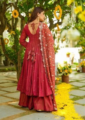 Simmar Silk With Embroidery  Work Red Palazzo Suit