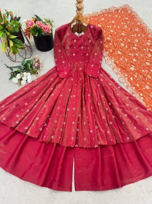 Simmar Silk With Embroidery  Work Red Palazzo Suit