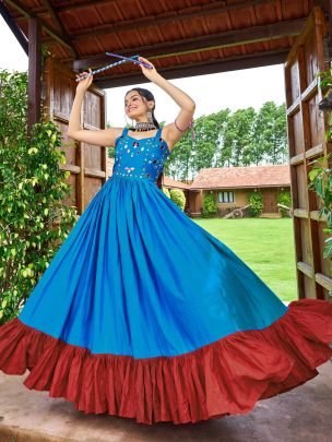 Sky Blue Colour Cotton Fabric Navratri Gown