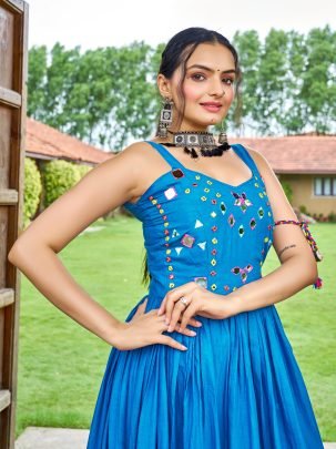 Sky Blue Colour Cotton Fabric Navratri Gown