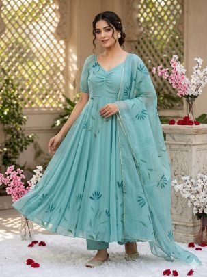 Sky Blue Handpainted Anarkali Set