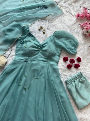 Sky Blue Handpainted Anarkali Set