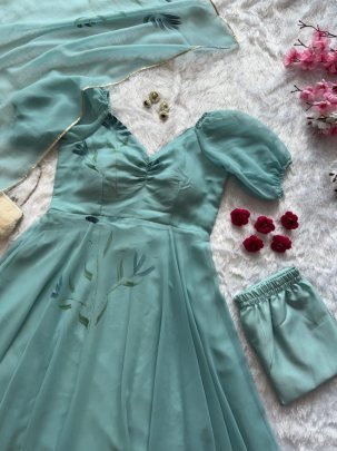 Sky Blue Handpainted Anarkali Set