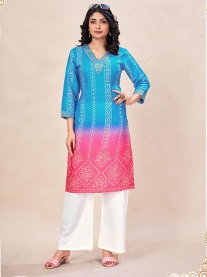 Sky Blue Pink Shaded Rayon Traditional Kurti Set