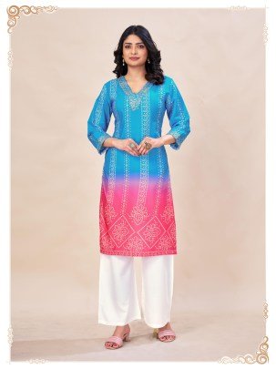 Sky Blue Pink Shaded Rayon Traditional Kurti Set