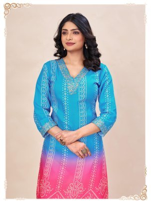 Sky Blue Pink Shaded Rayon Traditional Kurti Set