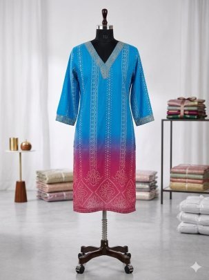 Sky Blue Pink Shaded Rayon Traditional Kurti Set