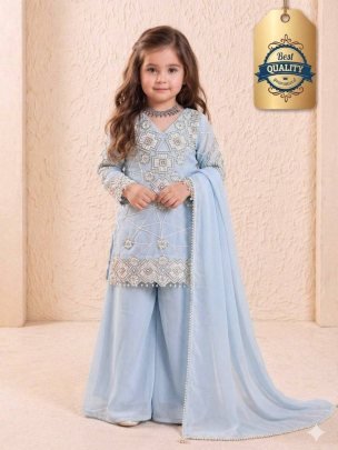 Sky Mist Kids Designer Embroidered Palazzo Set with Dupatta