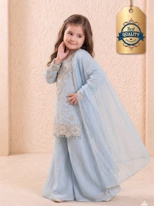 Sky Mist Kids Designer Embroidered Palazzo Set with Dupatta