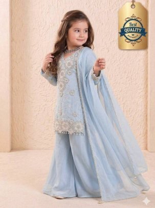 Sky Mist Kids Designer Embroidered Palazzo Set with Dupatta