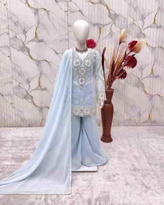 Sky Mist Kids Designer Embroidered Palazzo Set with Dupatta