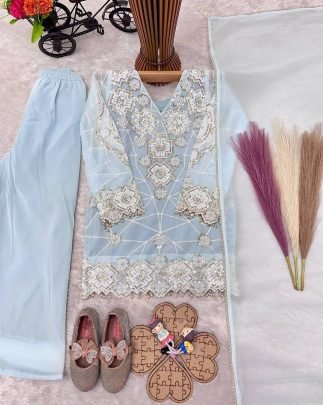 Sky Mist Kids Designer Embroidered Palazzo Set with Dupatta