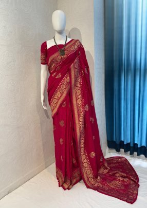 Sky Touch  Chiffon Gerogette Zari Weaving  Rani Pink Saree