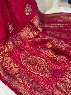 Sky Touch  Chiffon Gerogette Zari Weaving  Rani Pink Saree