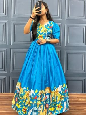 Soft Cotton Tussar  Fabric Sky Blue Gown