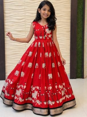 Soft Dola Silk Bandhej Printed Red Colour  Kids Gown