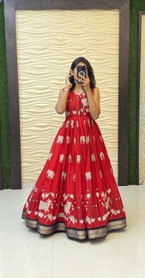 Soft Dola Silk Bandhej Printed Red Colour  Kids Gown