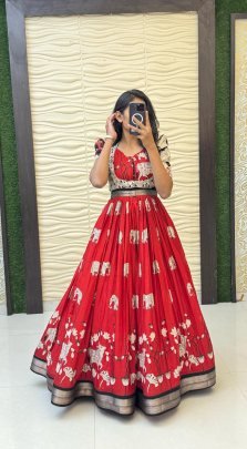 Soft Dola Silk Bandhej Printed Red Colour  Kids Gown