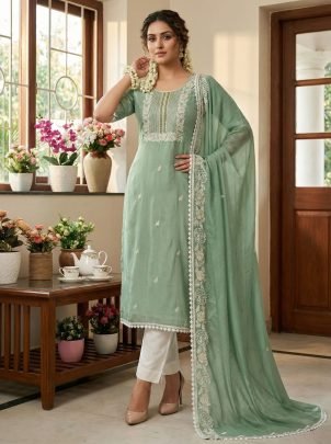 Soft Mint Green Festive Kurti Pant Set