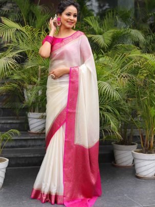 Soft Naylon Chinnon Pink Saree With Pallu And Running Blouse