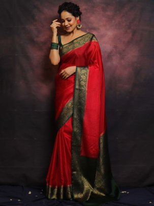 Soft Naylon Chinnon Red Saree With Green Less Pallu And Running Blouse