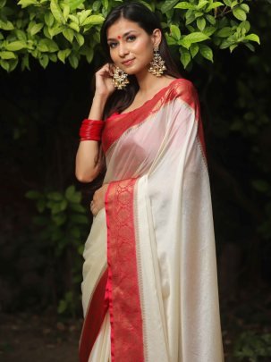 Soft Nylon Chinnon Red Saree With Pallu And Running Blouse