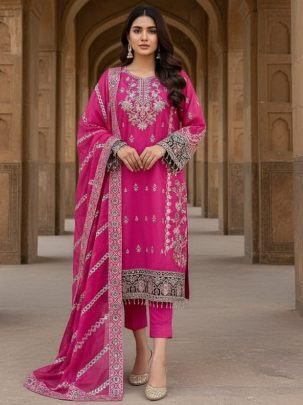 Soft Organza Rani Pink Colour Pakistani Unstitch Suit 