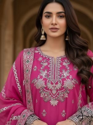 Soft Organza Rani Pink Colour Pakistani Unstitch Suit